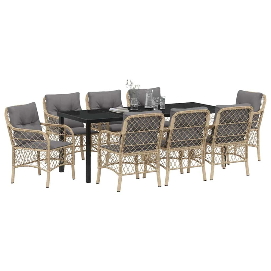 Tuin Eettafelset Met Kussen 9 Pcs Beige Poly Rattan