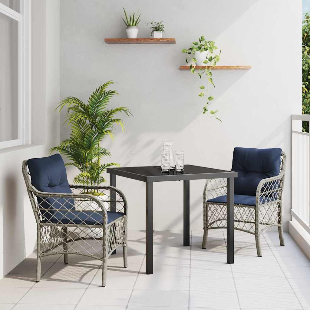 Tuin eettafelset met kussen 3 pcs Grijs en zwart Rattan