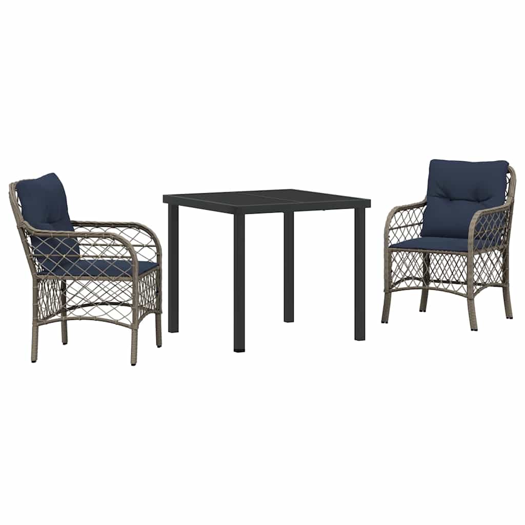Tuin eettafelset met kussen 3 pcs Grijs en zwart Rattan