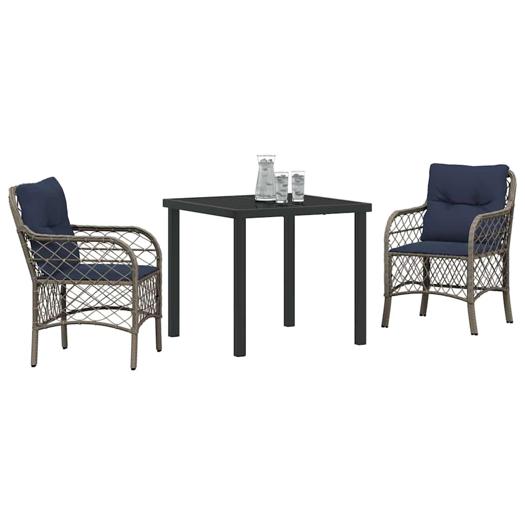 Tuin eettafelset met kussen 3 pcs Grijs en zwart Rattan