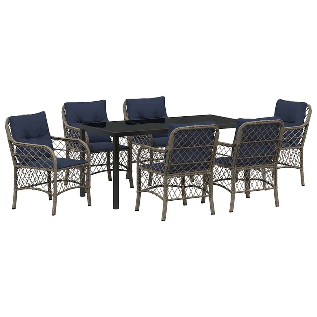 Tuin eettafelset met kussen 7 pcs Grijs en zwart Rattan