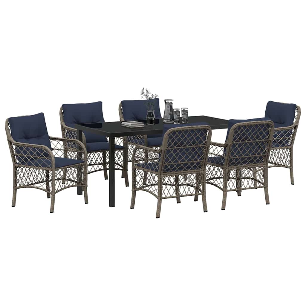Tuin eettafelset met kussen 7 pcs Grijs en zwart Rattan