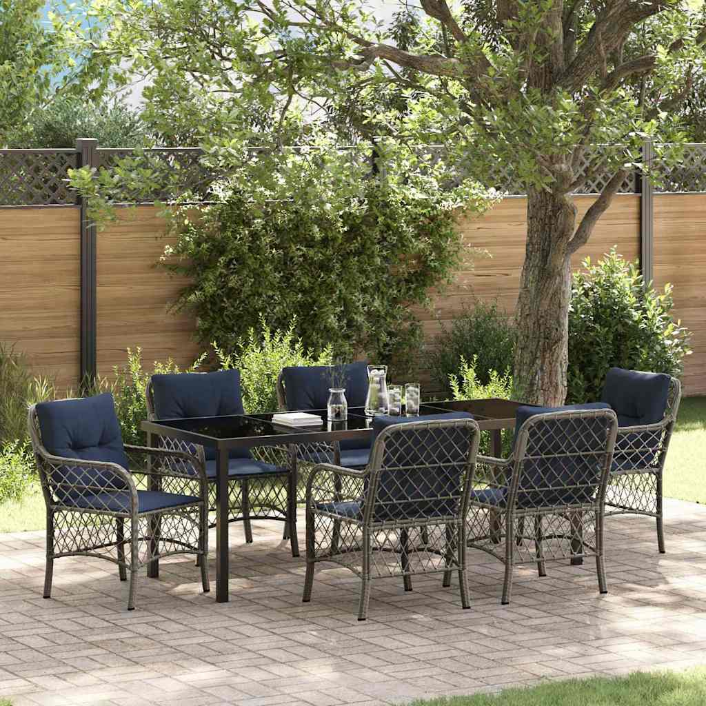 Tuin eettafelset met kussen 7 pcs Grijs en zwart Rattan