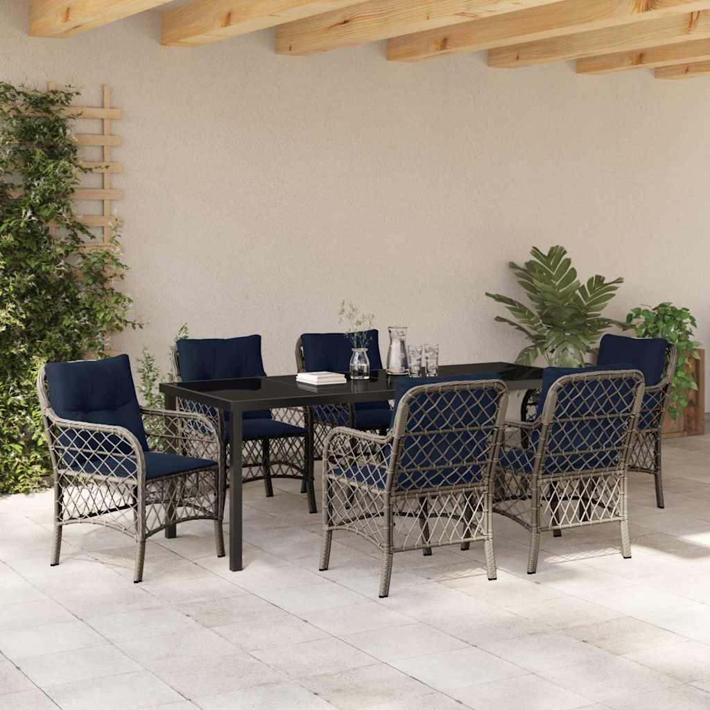 Tuin eettafelset met kussen 7 pcs Grijs en zwart Rattan