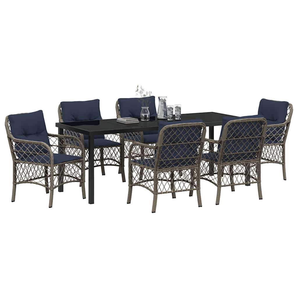 Tuin eettafelset met kussen 7 pcs Grijs en zwart Rattan