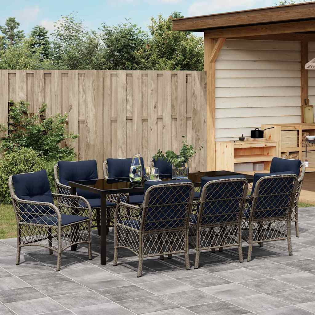 Tuin eettafelset met kussen 9 pcs Grijs en zwart Rattan