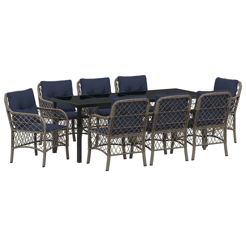 Tuin eettafelset met kussen 9 pcs Grijs en zwart Rattan