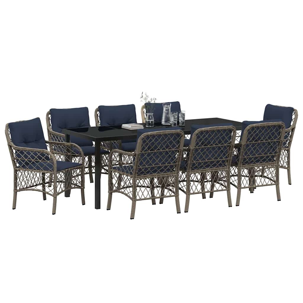 Tuin eettafelset met kussen 9 pcs Grijs en zwart Rattan