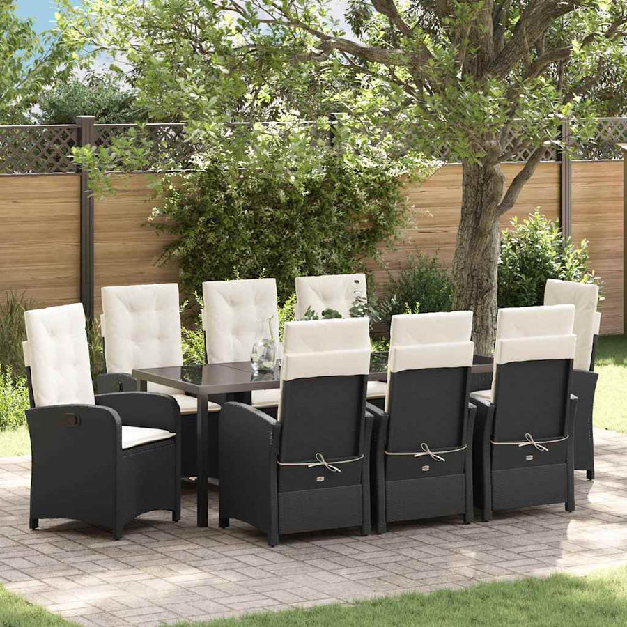 Tuin Eettafelset Met Kussen 9 Pcs Zwart Poly Rattan