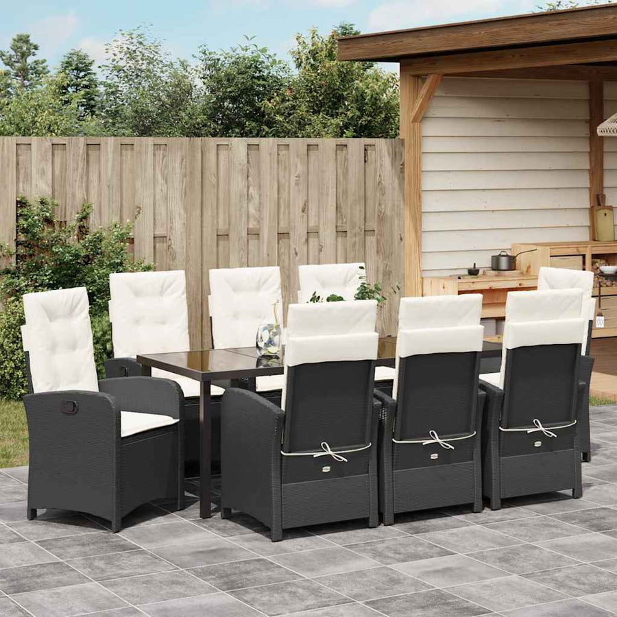 Tuin Eettafelset Met Kussen 9 Pcs Zwart Poly Rattan