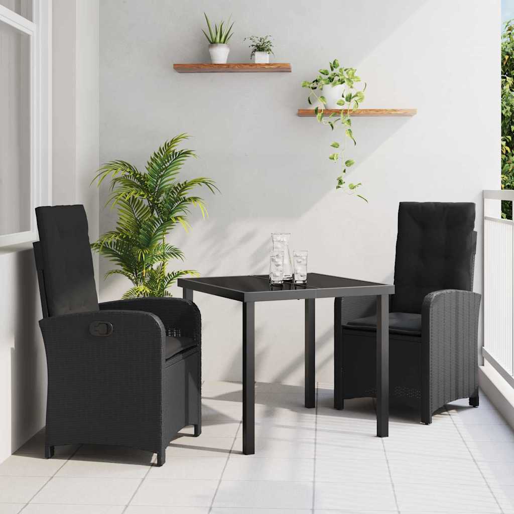 Tuin eettafelset met kussen 3 pcs Zwart poly rattan