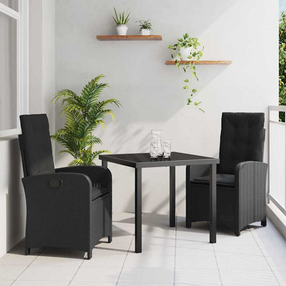 Tuin eettafelset met kussen 3 pcs Zwart poly rattan