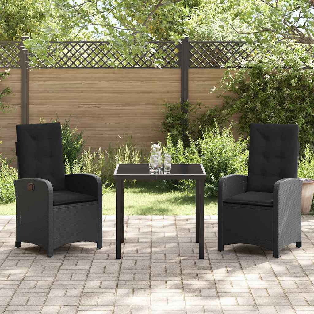 Tuin eettafelset met kussen 3 pcs Zwart poly rattan