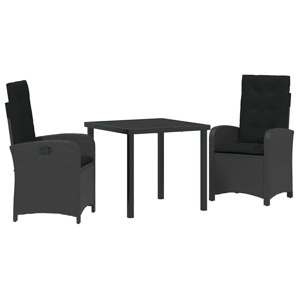Tuin eettafelset met kussen 3 pcs Zwart poly rattan