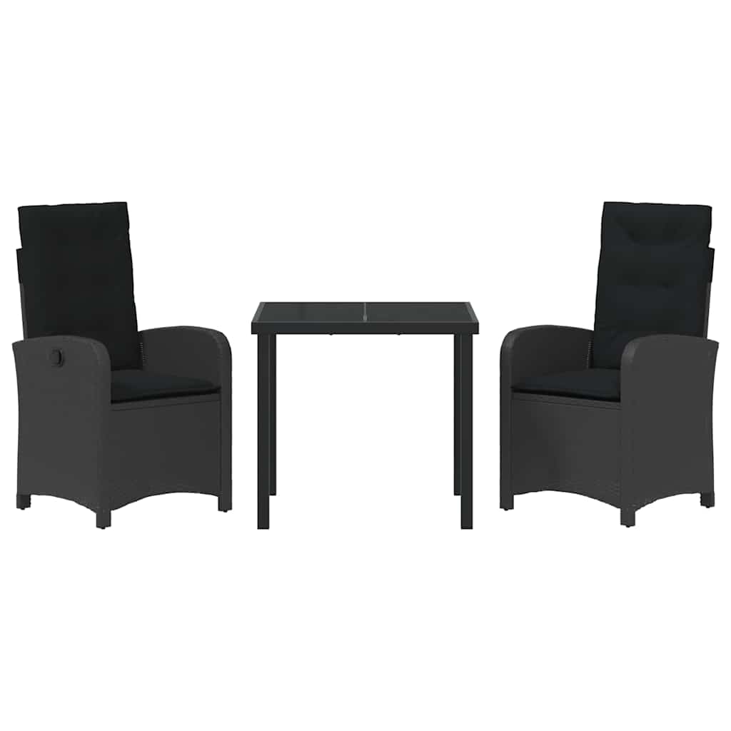 Tuin eettafelset met kussen 3 pcs Zwart poly rattan