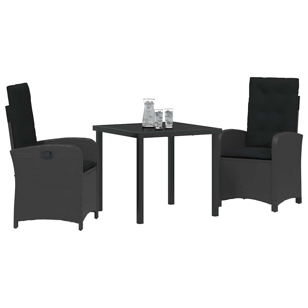 Tuin eettafelset met kussen 3 pcs Zwart poly rattan