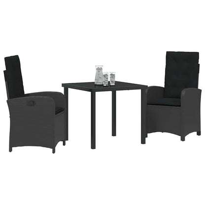 Tuin eettafelset met kussen 3 pcs Zwart poly rattan