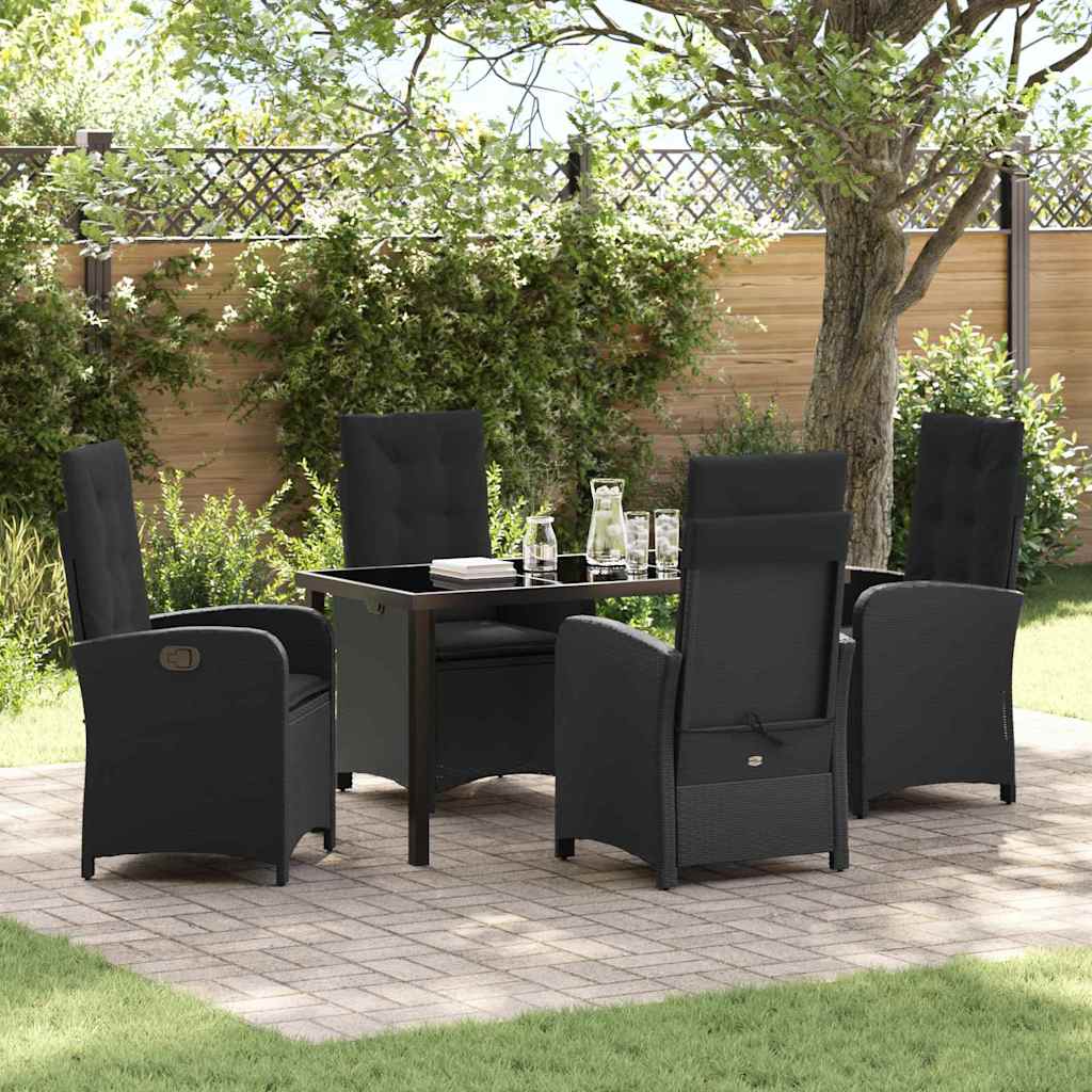 Tuin eettafelset met kussen 5 pcs Zwart poly rattan
