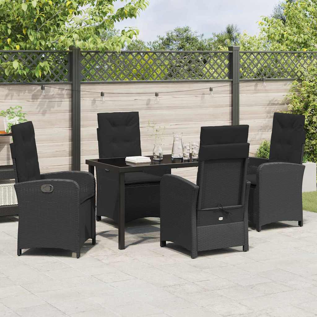 Tuin eettafelset met kussen 5 pcs Zwart poly rattan