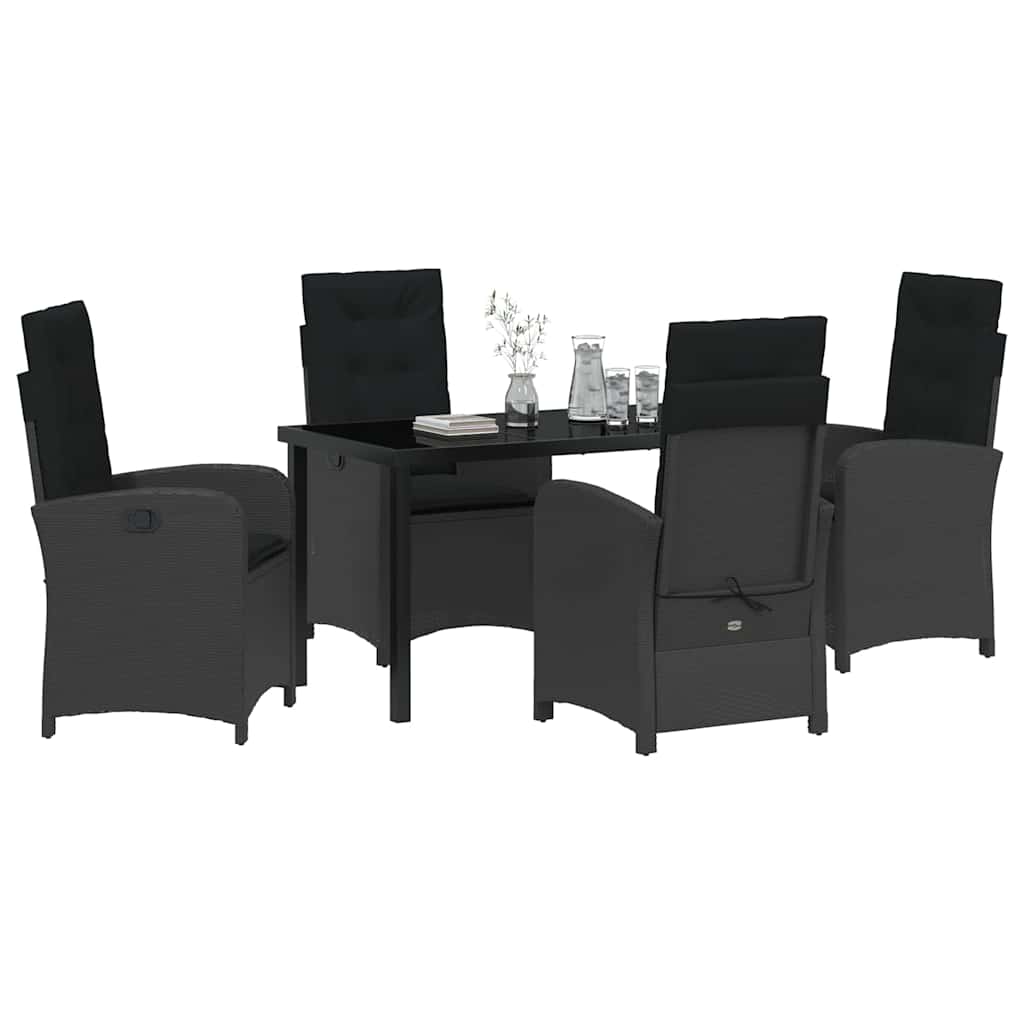 Tuin eettafelset met kussen 5 pcs Zwart poly rattan