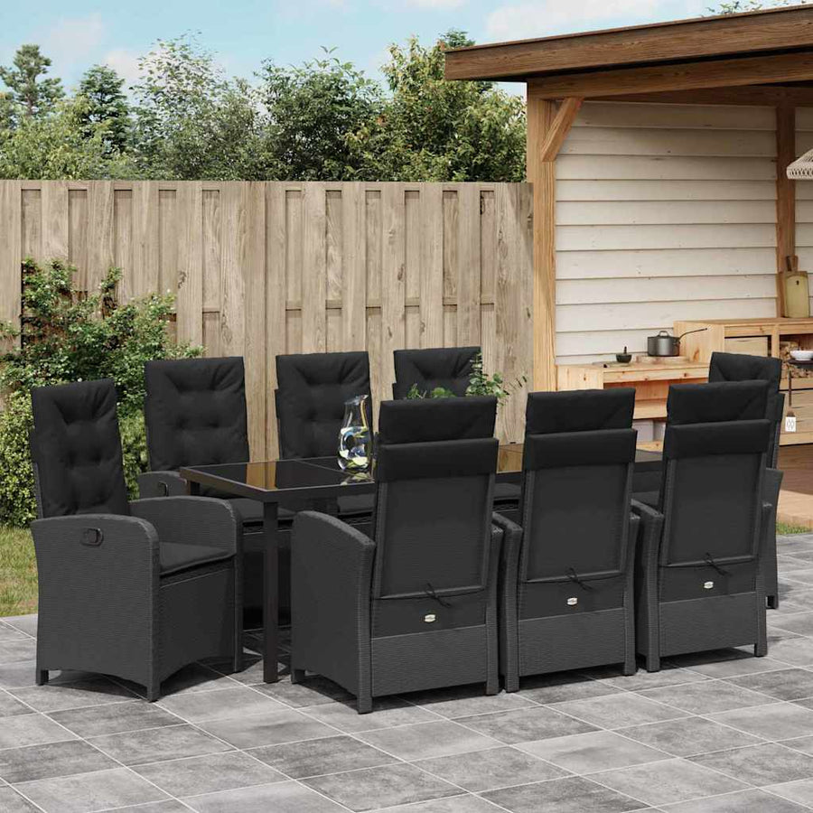 Tuin Eettafelset Met Kussen 9 Pcs Zwart Poly Rattan