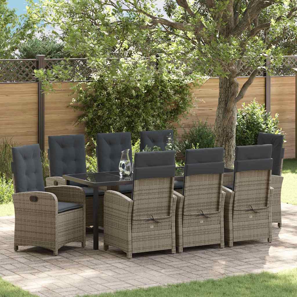 Tuin Eettafelset Met Kussen 9 Pcs Grijs Poly Rattan
