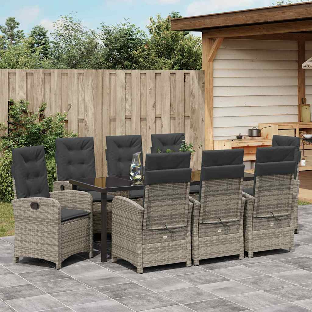 Tuin Eettafelset Met Kussen 9 Pcs Grijs Poly Rattan