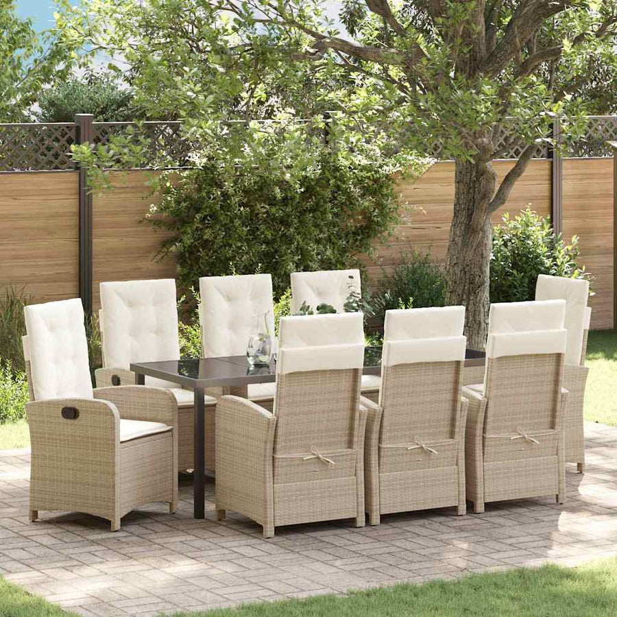 Tuin Eettafelset Met Kussen 9 Pcs Beige Poly Rattan