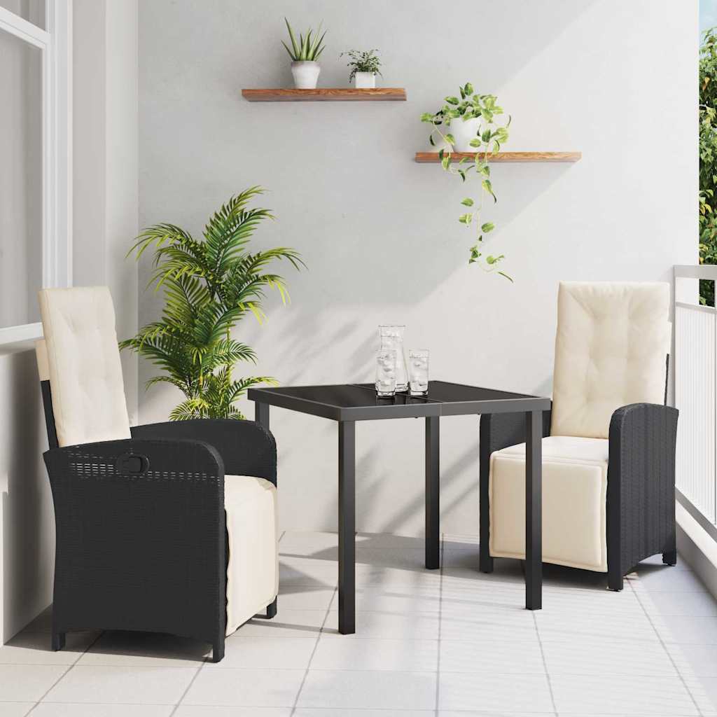 Tuin eettafelset met kussen 3 pcs Zwart poly rattan