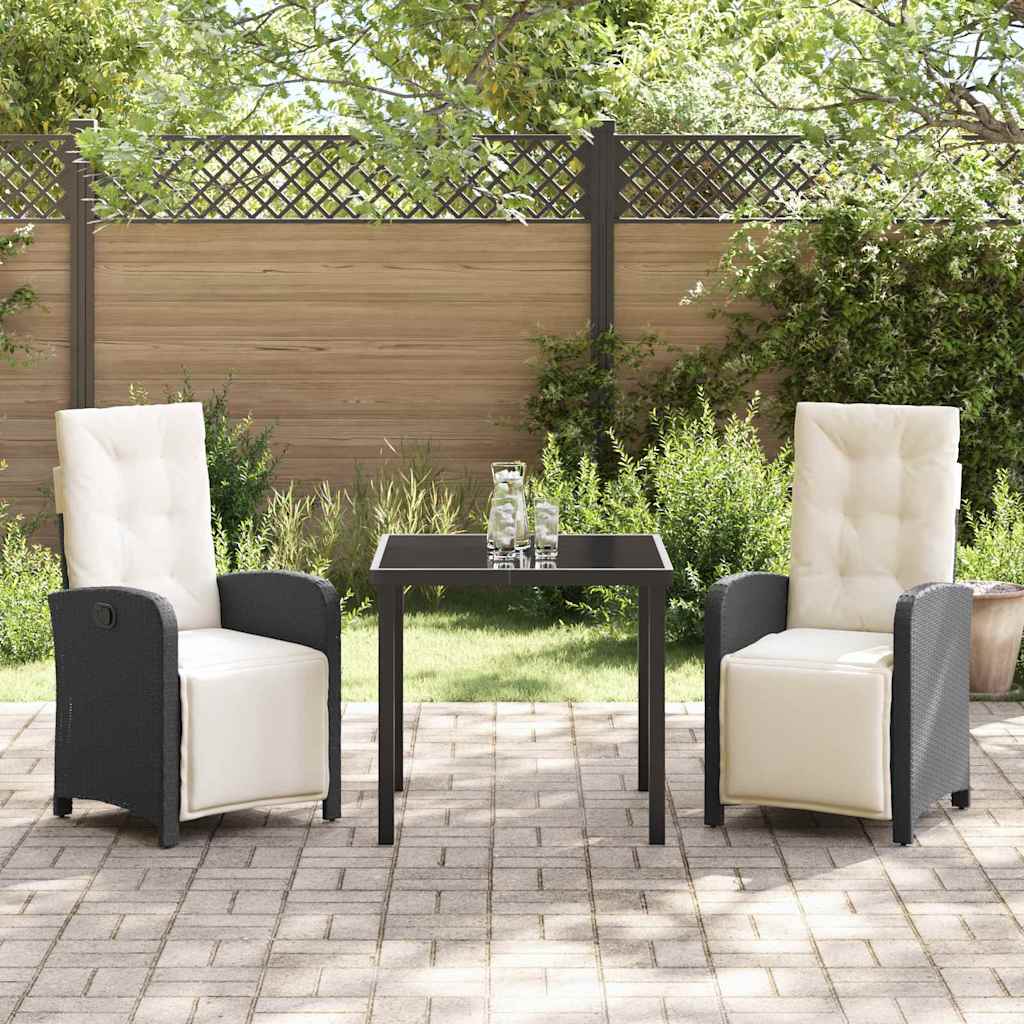 Tuin eettafelset met kussen 3 pcs Zwart poly rattan