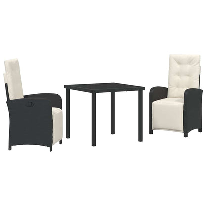 Tuin eettafelset met kussen 3 pcs Zwart poly rattan