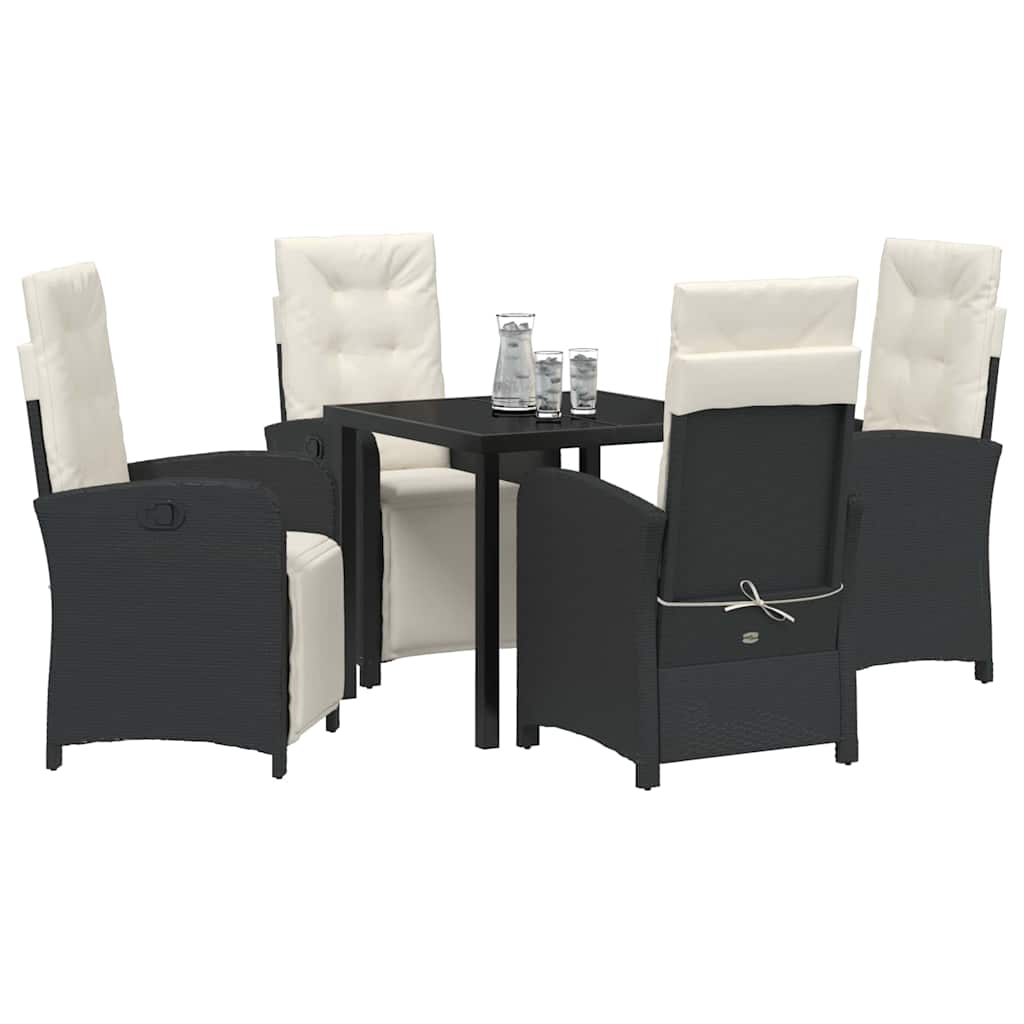 Tuin eettafelset met kussen 5 pcs Zwart poly rattan