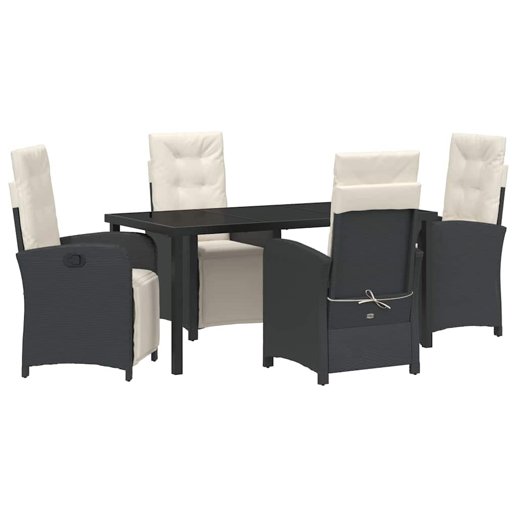 Tuin eettafelset met kussen 5 pcs Zwart poly rattan