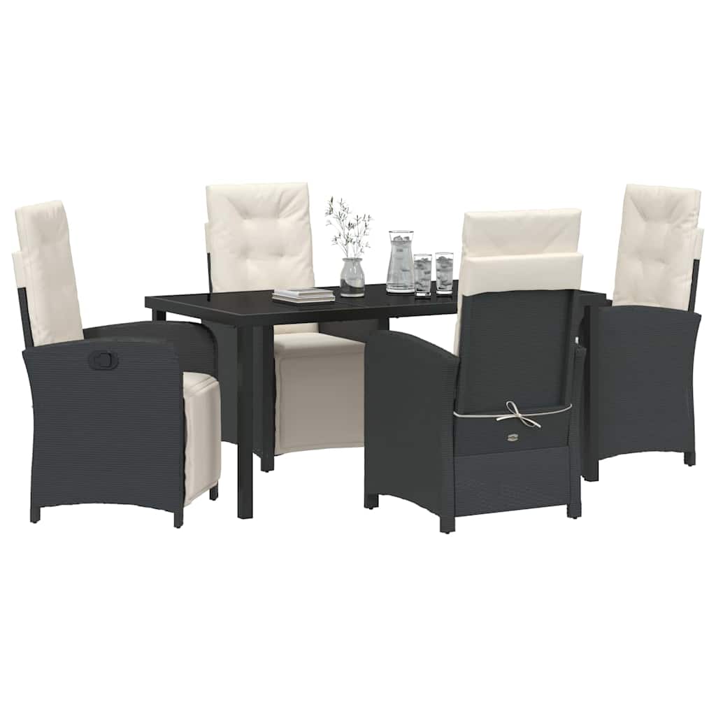 Tuin eettafelset met kussen 5 pcs Zwart poly rattan