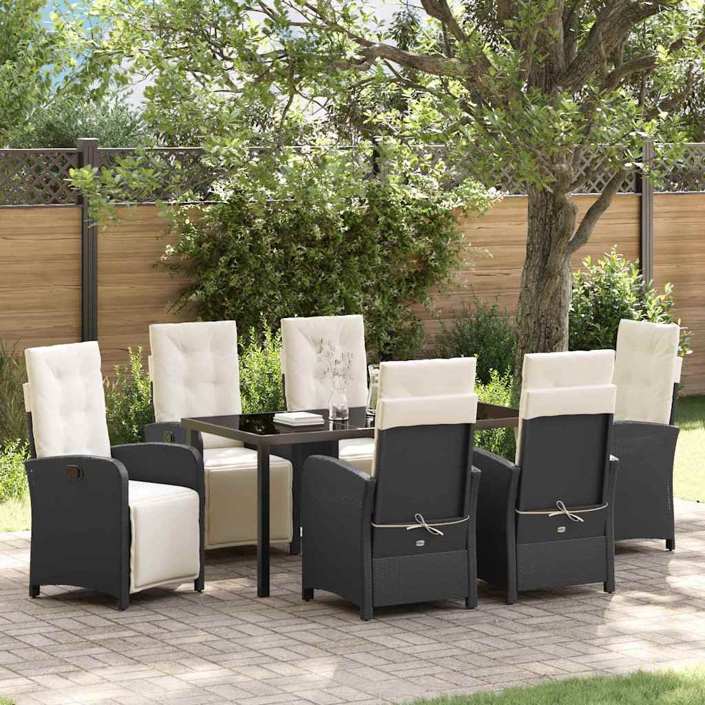 Tuin eettafelset met kussen 7 pcs Zwart poly rattan
