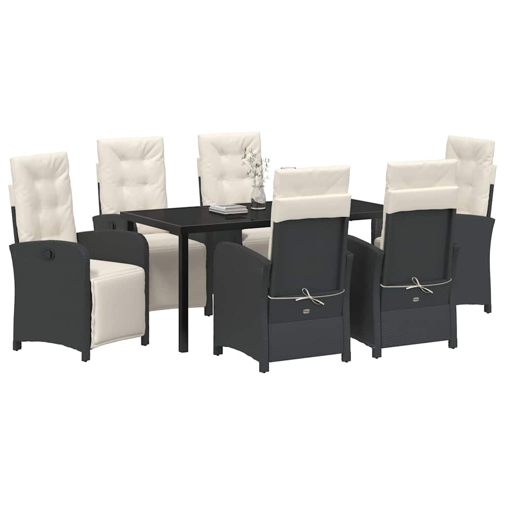 Tuin eettafelset met kussen 7 pcs Zwart poly rattan