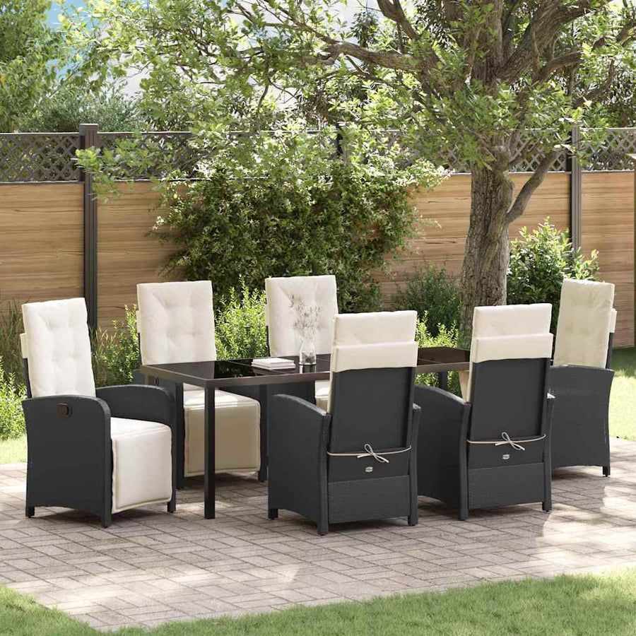 Tuin eettafelset met kussen 7 pcs Zwart poly rattan