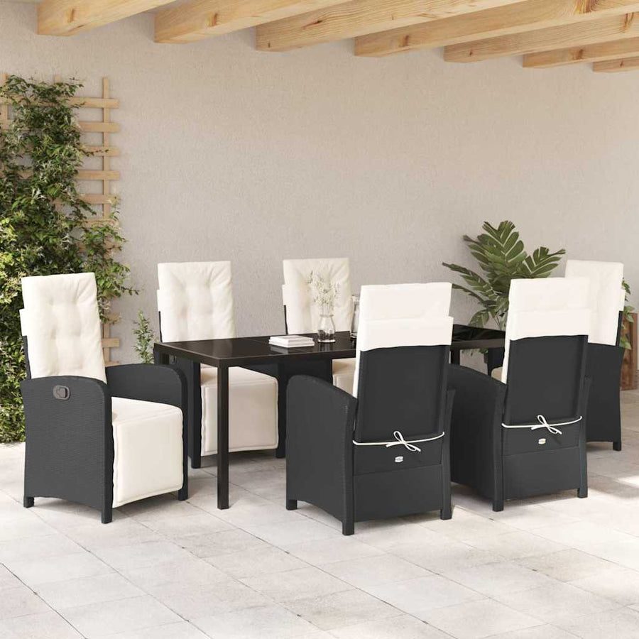 Tuin eettafelset met kussen 7 pcs Zwart poly rattan