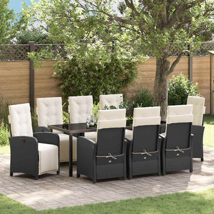 Tuin eettafelset met kussen 9 pcs Zwart poly rattan