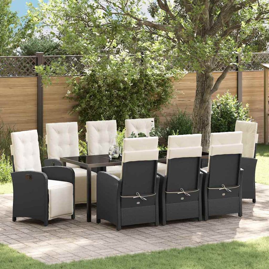 Tuin eettafelset met kussen 9 pcs Zwart poly rattan