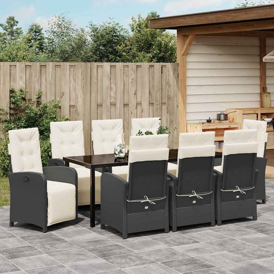 Tuin eettafelset met kussen 9 pcs Zwart poly rattan