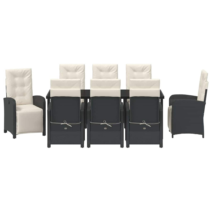 Tuin eettafelset met kussen 9 pcs Zwart poly rattan