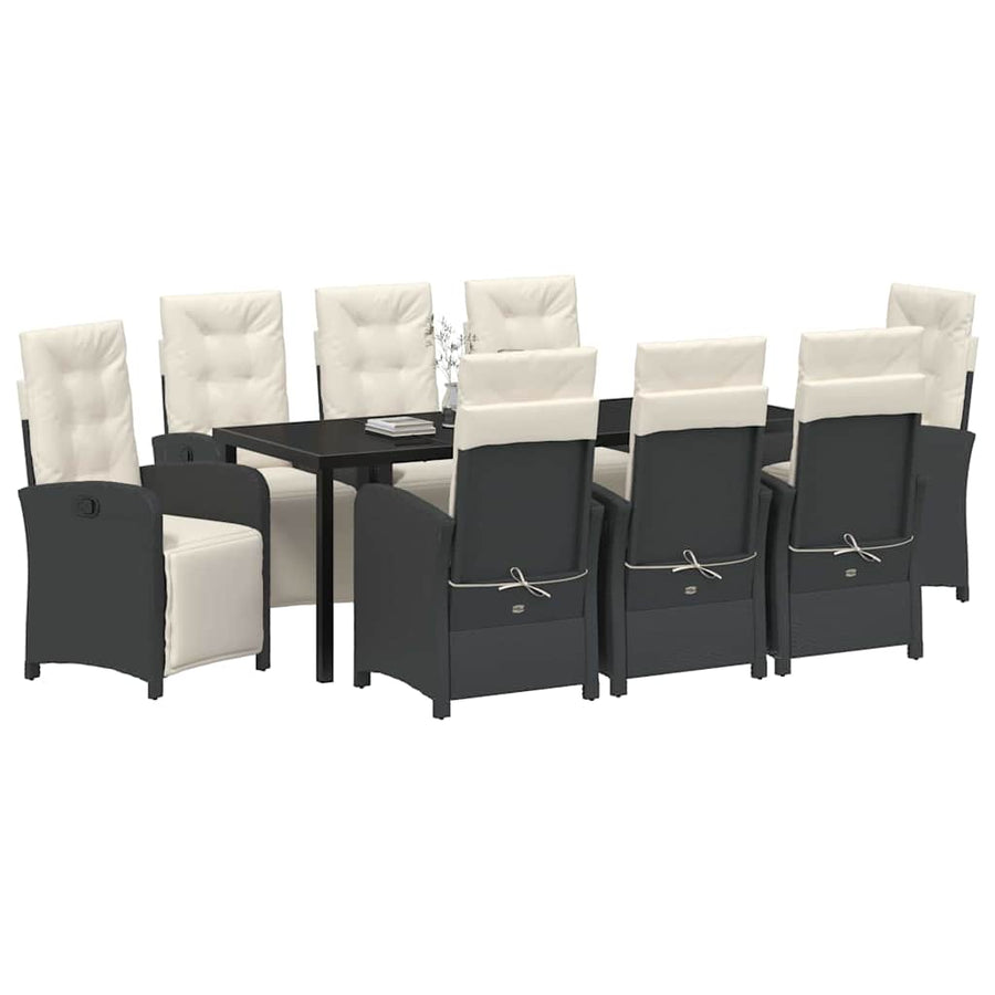 Tuin eettafelset met kussen 9 pcs Zwart poly rattan