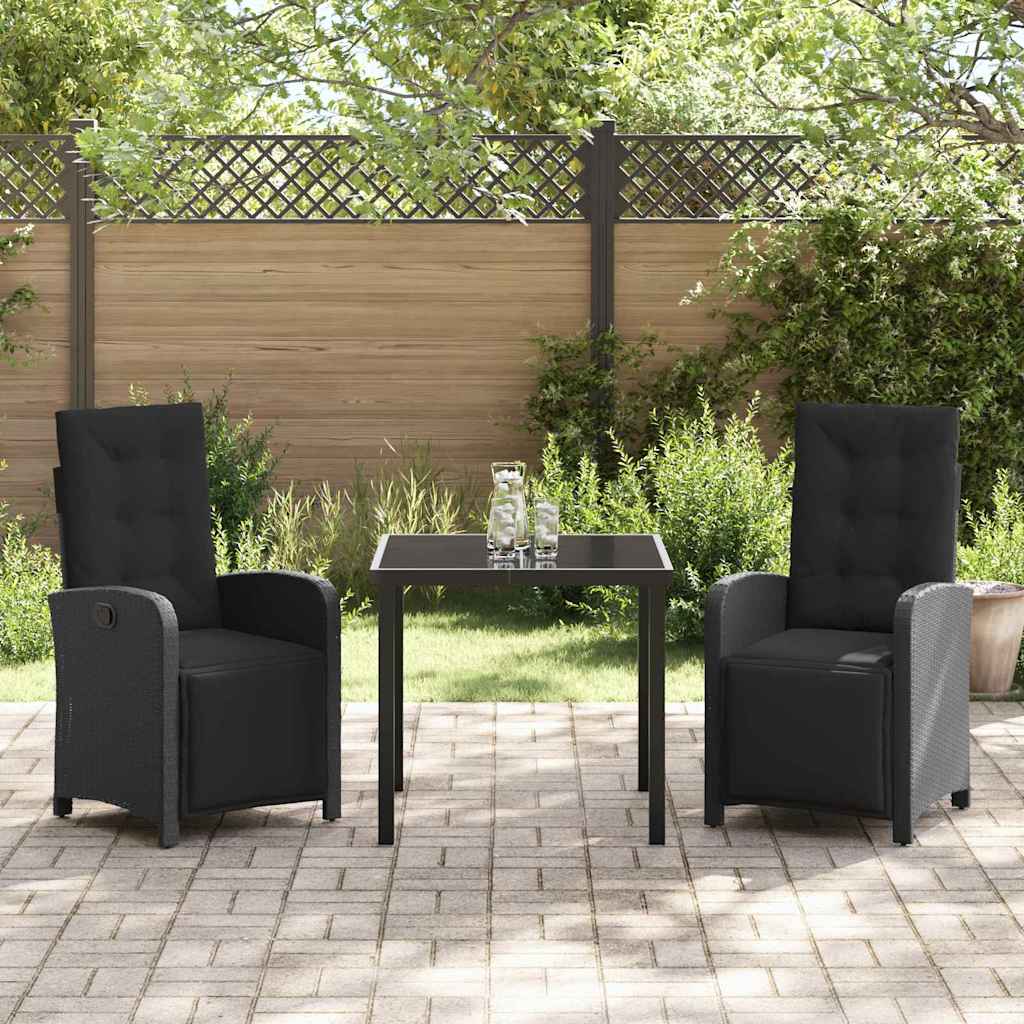 Tuin eettafelset met kussen 3 pcs Zwart poly rattan