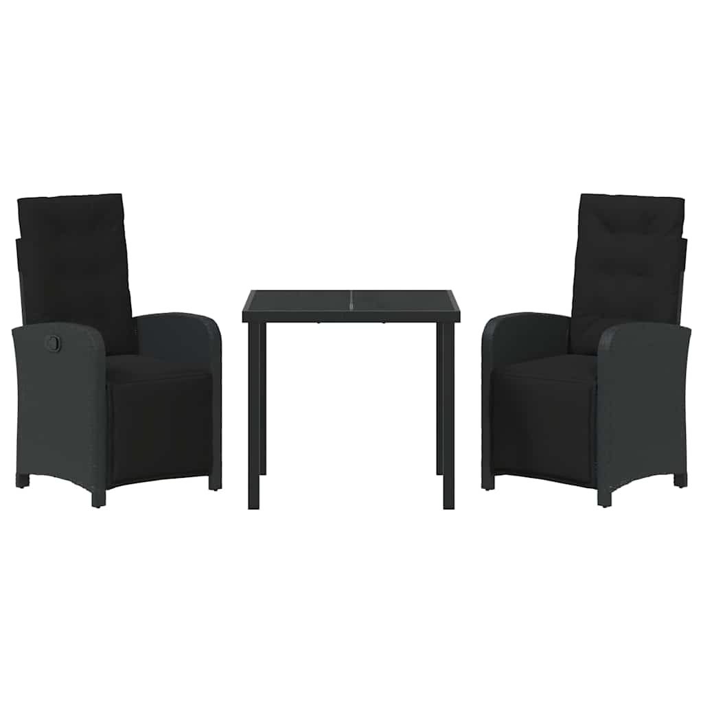 Tuin eettafelset met kussen 3 pcs Zwart poly rattan