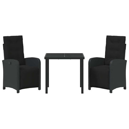 Tuin eettafelset met kussen 3 pcs Zwart poly rattan