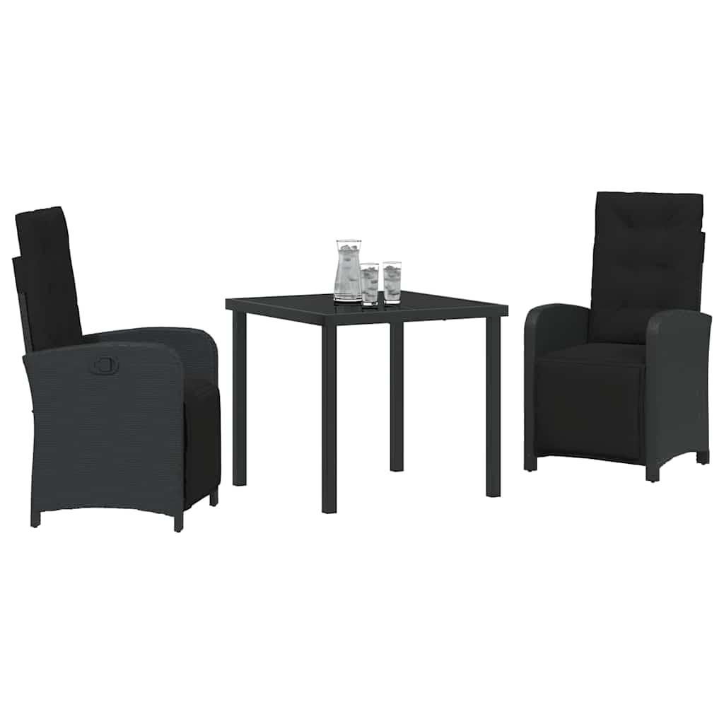 Tuin eettafelset met kussen 3 pcs Zwart poly rattan