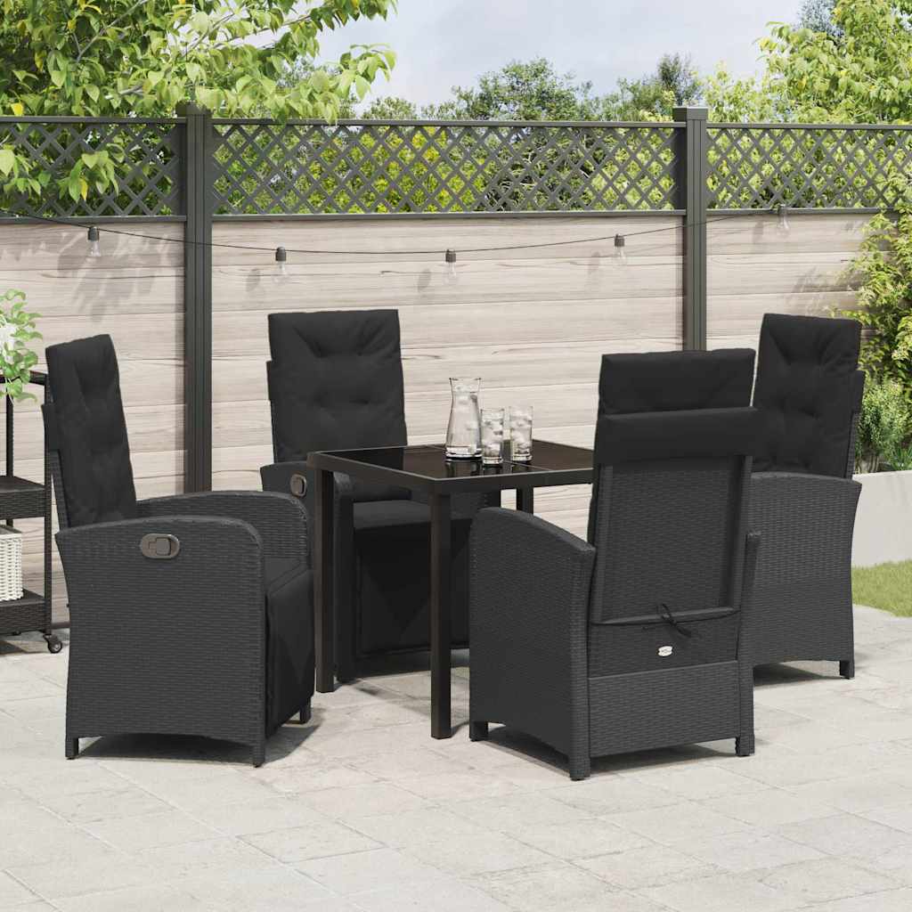 Tuin eettafelset met kussen 5 pcs Zwart poly rattan