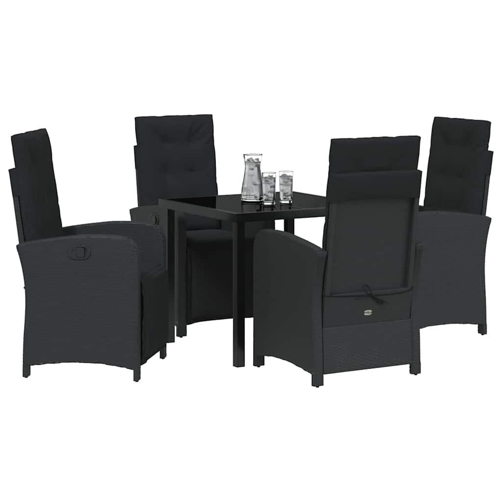 Tuin eettafelset met kussen 5 pcs Zwart poly rattan