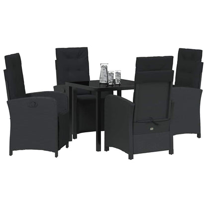 Tuin eettafelset met kussen 5 pcs Zwart poly rattan